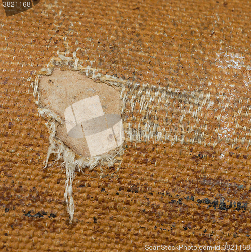 Image of Detail (damage) of an old canvas suitcase, close-up