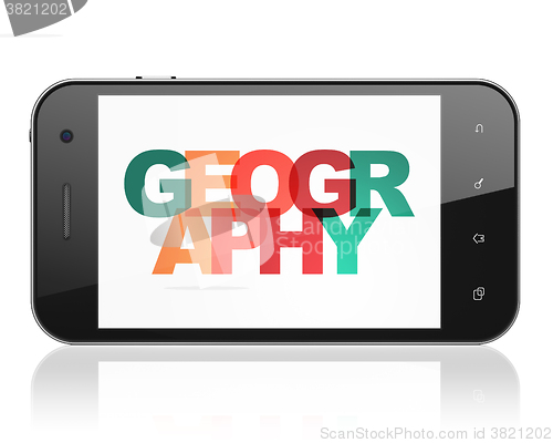 Image of Science concept: Smartphone with Geography on  display