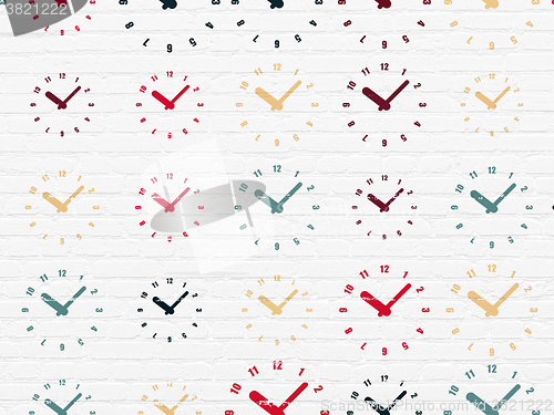 Image of Time concept: Clock icons on wall background