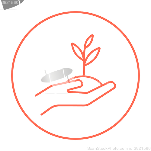Image of Hands holding seedling in soil line icon.