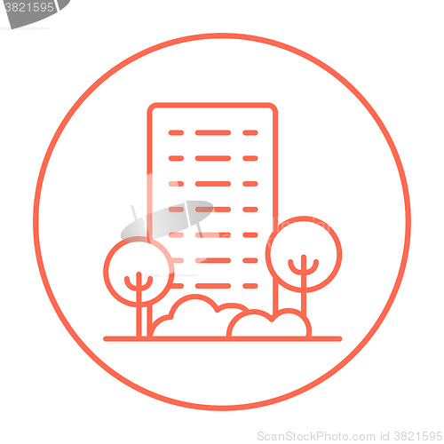 Image of Residential building with trees line icon.