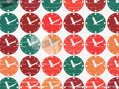 Image of Timeline concept: Clock icons on wall background