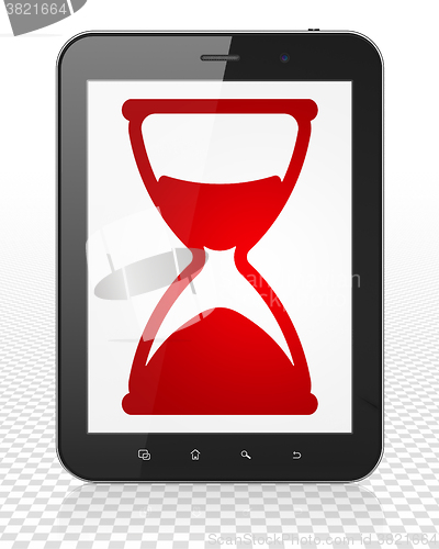 Image of Timeline concept: Tablet Pc Computer with Hourglass on display