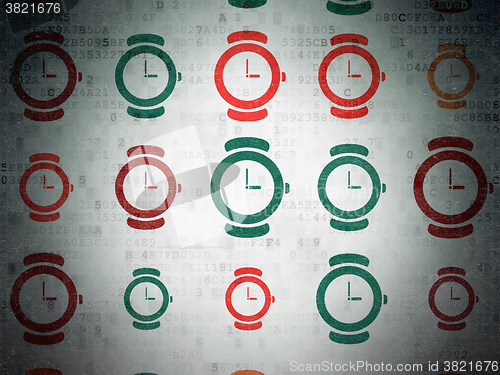 Image of Timeline concept: Hand Watch icons on Digital Paper background