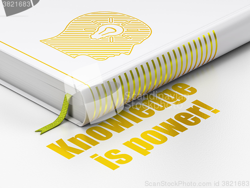 Image of Learning concept: book Head With Light Bulb, Knowledge Is power! on white background