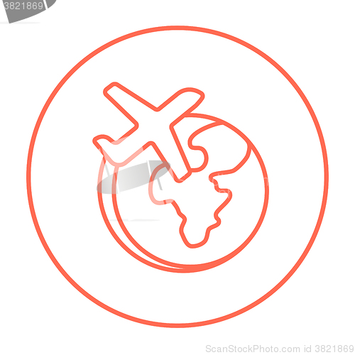 Image of Airplane flying around the world line icon.