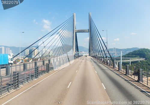 Image of Suspension bridge in Hong Kong with clear blue sky