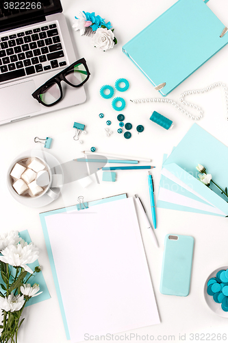 Image of Still life of fashion woman,  blue objects on white