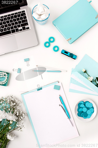 Image of Still life of fashion woman,  blue objects on white