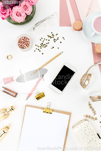 Image of Still life of fashion woman, objects on white