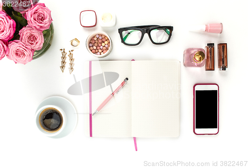 Image of Still life of fashion woman, objects on white