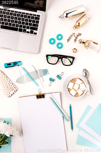 Image of Still life of fashion woman,  blue objects on white