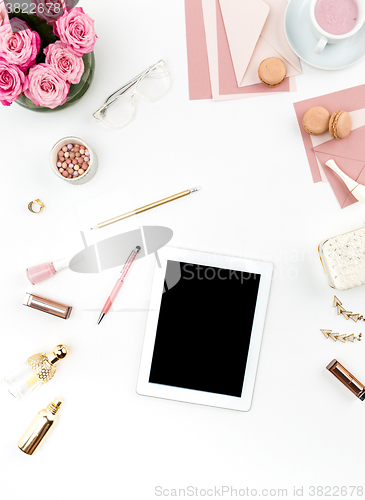 Image of Still life of fashion woman, objects on white