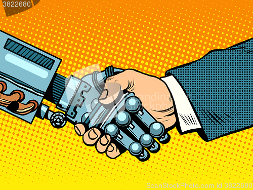 Image of Handshake of robot and man. New technologies evolution