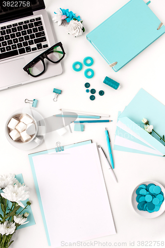 Image of Still life of fashion woman,  blue objects on white