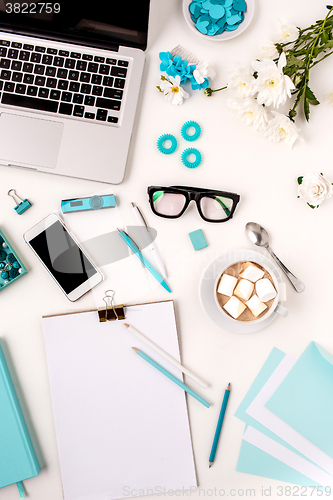 Image of Still life of fashion woman,  blue objects on white