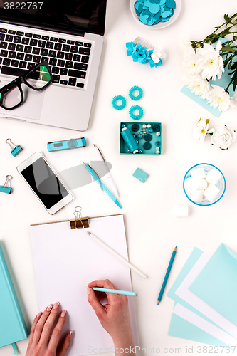 Image of Still life of fashion woman,  blue objects on white