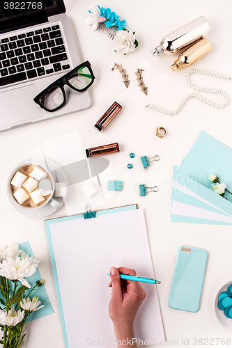 Image of Still life of fashion woman,  blue objects on white