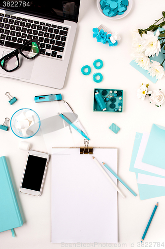 Image of Still life of fashion woman,  blue objects on white