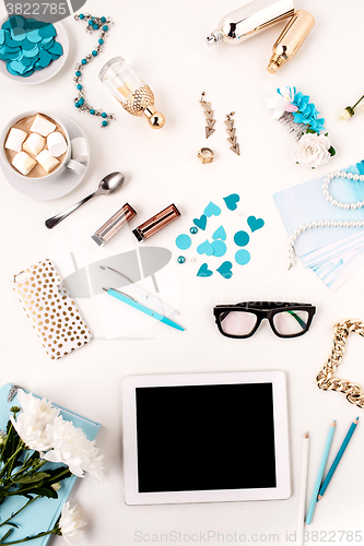 Image of Still life of fashion woman,  blue objects on white