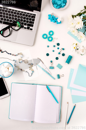 Image of Still life of fashion woman,  blue objects on white