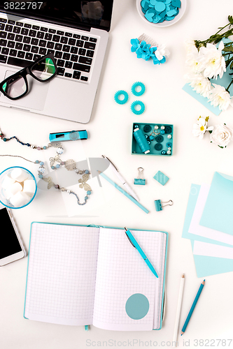 Image of Still life of fashion woman,  blue objects on white