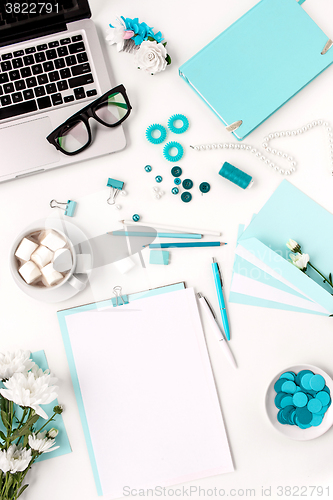 Image of Still life of fashion woman,  blue objects on white