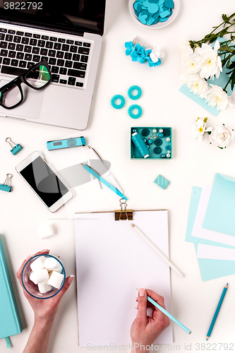 Image of Still life of fashion woman,  blue objects on white