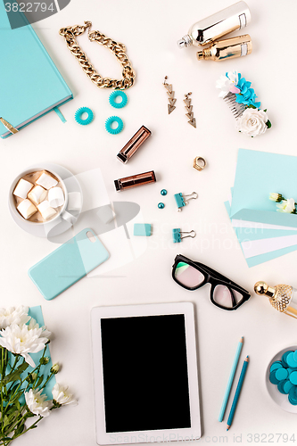 Image of Still life of fashion woman,  blue objects on white