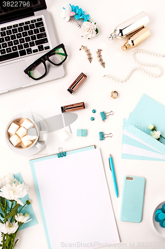 Image of Still life of fashion woman,  blue objects on white