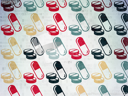 Image of Medicine concept: Pills icons on Digital Paper background
