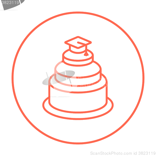 Image of Graduation cap on top of cake line icon.