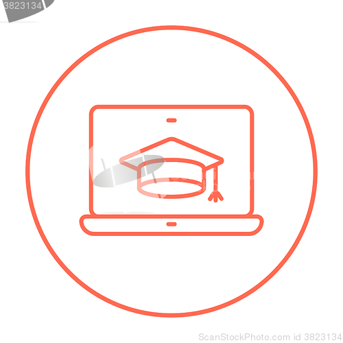 Image of Laptop with graduation cap on screen line icon.