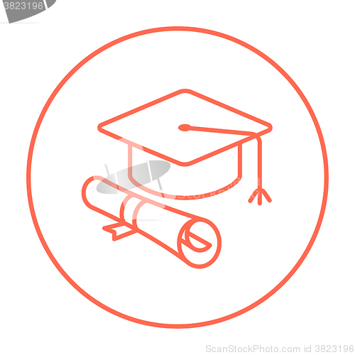 Image of Graduation cap with paper scroll line icon.