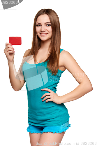 Image of Teen bright girl holding credit card