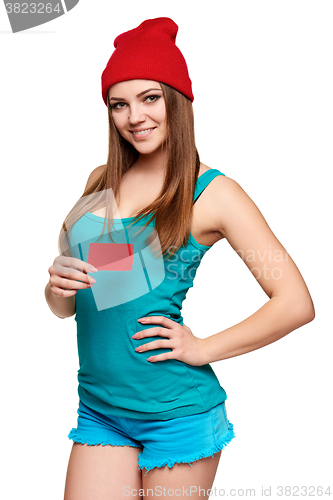 Image of Teen bright girl holding credit card