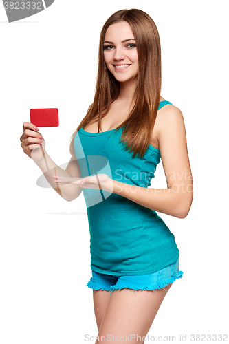 Image of Teen bright girl holding credit card