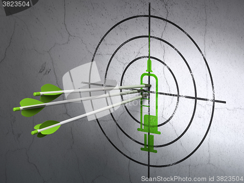 Image of Healthcare concept: arrows in Syringe target on wall background