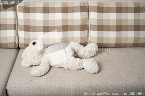 Image of Teddy bear is laying on the sofa