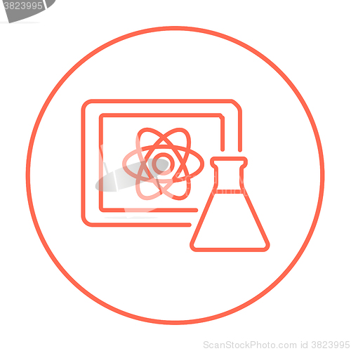 Image of Atom sign drawn on board and flask line icon.