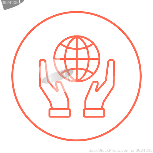 Image of Two hands holding globe line icon.