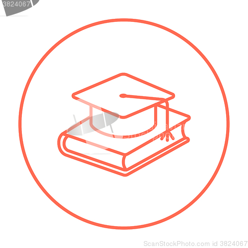 Image of Graduation cap laying on book line icon.