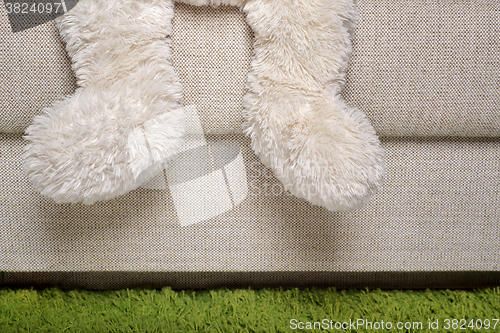 Image of Teddy bear is sitting on the sofa