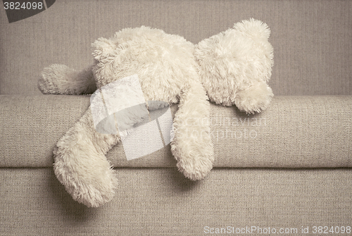 Image of Teddy bear is laying on the sofa