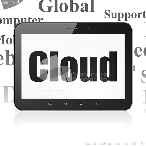 Image of Cloud technology concept: Tablet Computer with Cloud on display