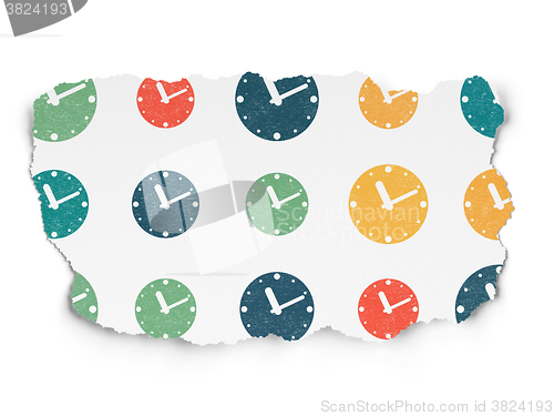 Image of Timeline concept: Clock icons on Torn Paper background