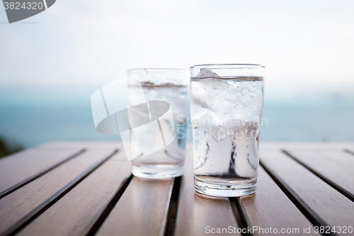 Image of Glass of water on a table in a restaurant