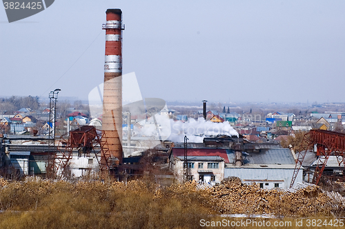 Image of pile of wood logs on plywood combine. Tyumen