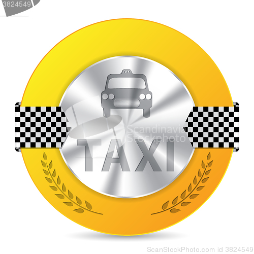 Image of Metallic taxi badge design with checkered ribbons