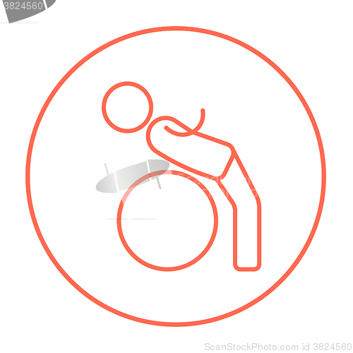 Image of Man doing exercises lying on gym ball line icon.